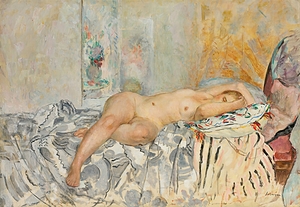 Nu Allongé Au Coussin Espagnol [1925] by Henri Lebasque [1865–1937]